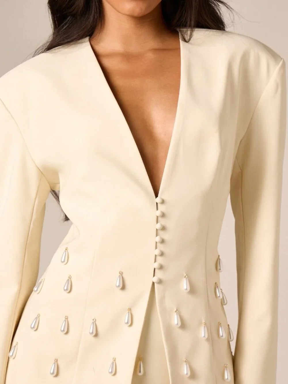 Beige Elegant Women's Pearl Drop Blazer with Deep V-Neck and Long Sleeve